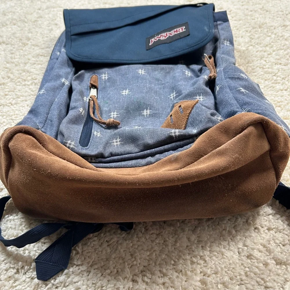 JanSport Hensley Backpack Blue Denim Hashtag Print Leather Bottom JS00T69K